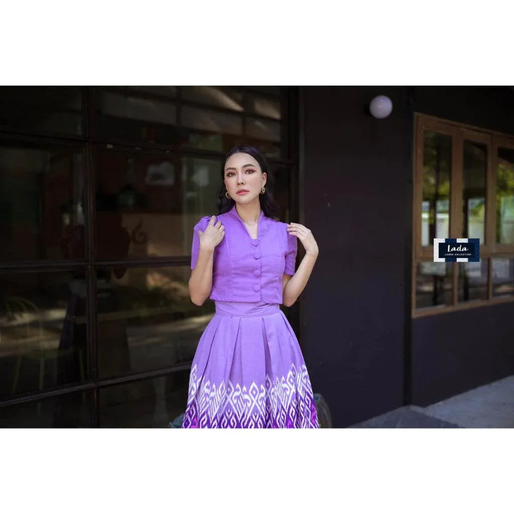 Soft Color Cotton Two-Piece Set for Women with Collar Top & Pleated Skirt in Mustard Yellow, Sky Blue & Purple - Flattering Fit