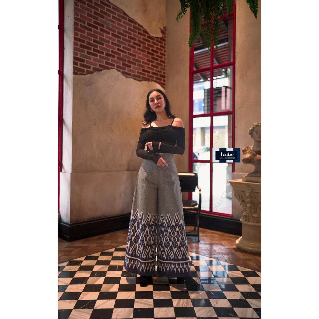New Banana Leaf Print Flared Cotton Pants – Gray &amp; Navy Blue | High-Waisted Wide Leg Trousers for Women – S–XL Sizes One-Sake.com กรม / L กรม / S กรม / M กรม / S-กรม / M-กรม / L-กรม / XL-เทา / S-เทา / M-เทา / L-เทา / XL-