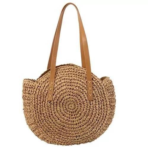 New Handwoven Round Tote Bag with Leather Strap – 44cm Cotton Rope Bag for Women | Unique Crochet Design & Natural Texture khaki-2