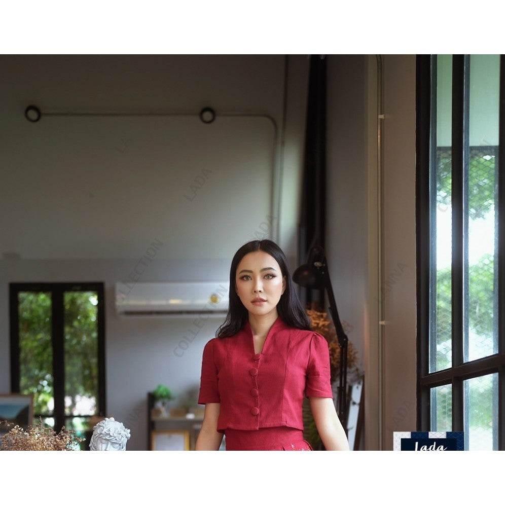 Classic Round Neck Shirt with Front Buttons - Short Sleeve in Wine Red, Navy, Beige & More - Sizes 34–40 แดงไวน์