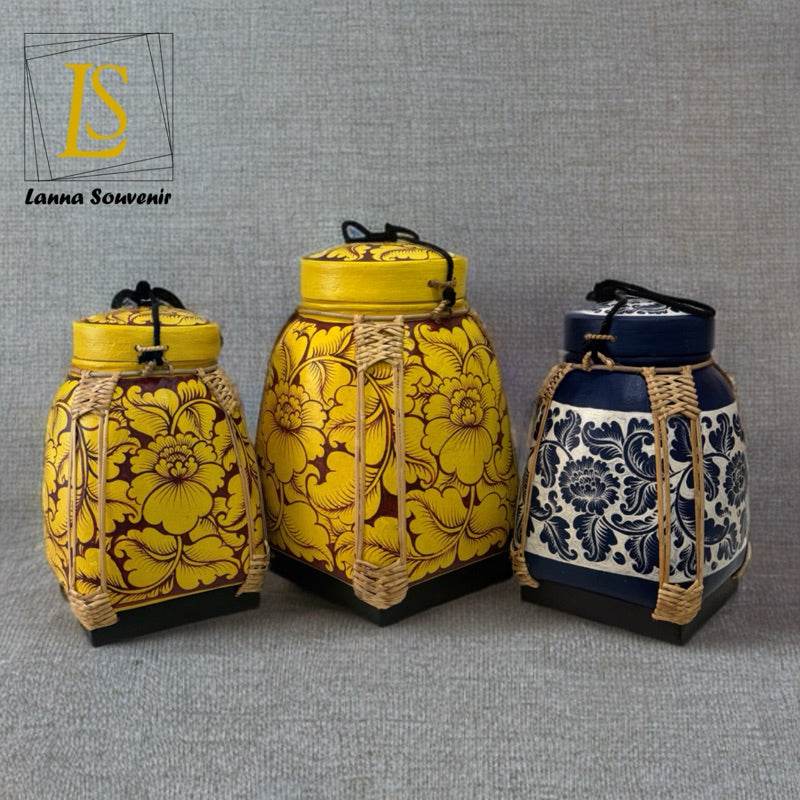 Lanna style bamboo storage box set with intricate yellow and blue floral designs for food and drink storage