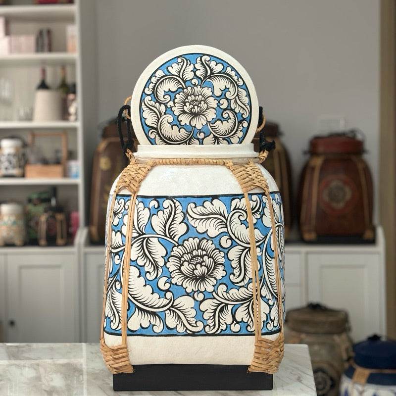 Handmade Thai decorative tray with blue and white floral patterns and wicker accents for home decor
