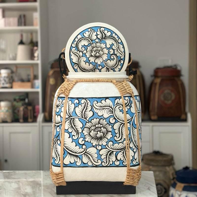 Handmade Thai Decorative Tray Lanna Rice Box - Artisan Crafted Home Décor ดอกไม้