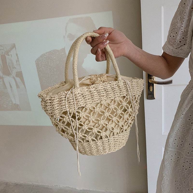 New Korean Handmade Woven Tote Bag for Women – Cotton Rope &amp; Natural Material with Inner Pocket | 2 Color Options One-Sake.com off white khaki off white-khaki-