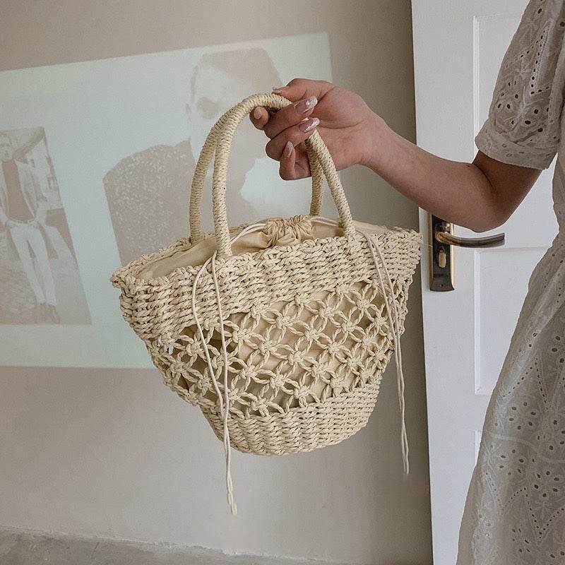 New Korean Handmade Woven Tote Bag for Women – Cotton Rope & Natural Materials with Inner Pocket | Available in 2 Colors