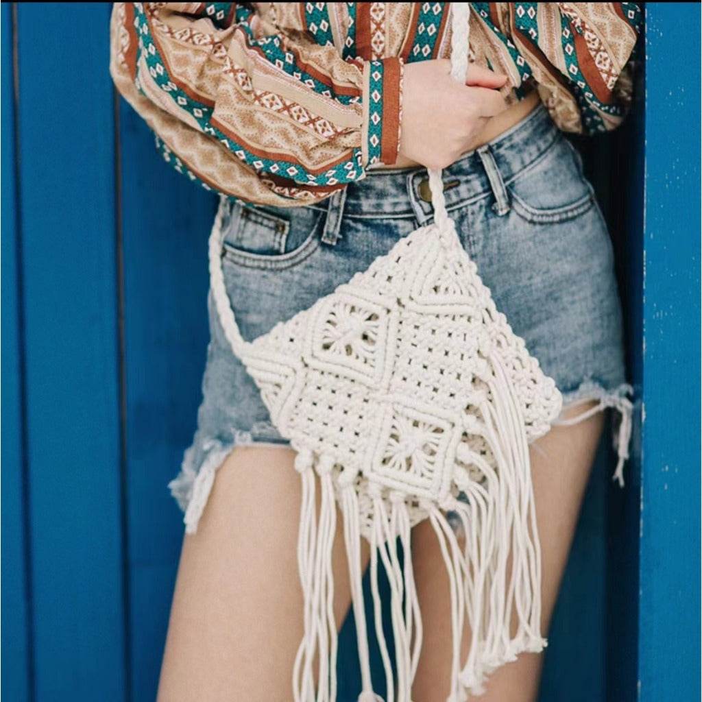 Boho Square Woven Shoulder Bag – Affordable Beach Tote with Long Strap | Approx. 17cm x 18cm &amp; 50cm Strap One-Sake.com green brown white brown-white-green-khaki-black-pink-gery-