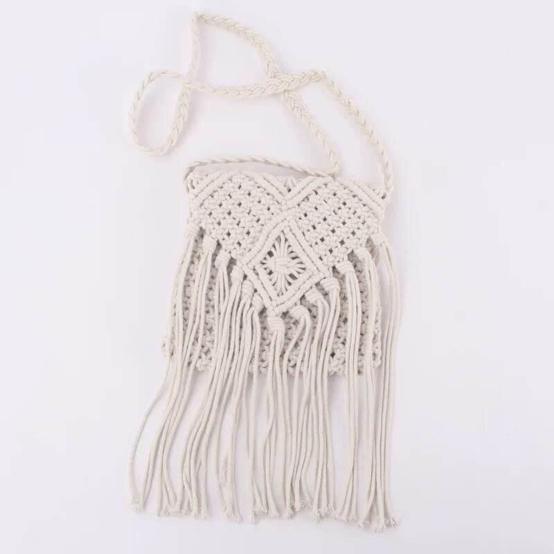 Boho Woven Shoulder Bag - Affordable Beach Tote with Long Strap, 17cm x 18cm & 50cm Strap white
