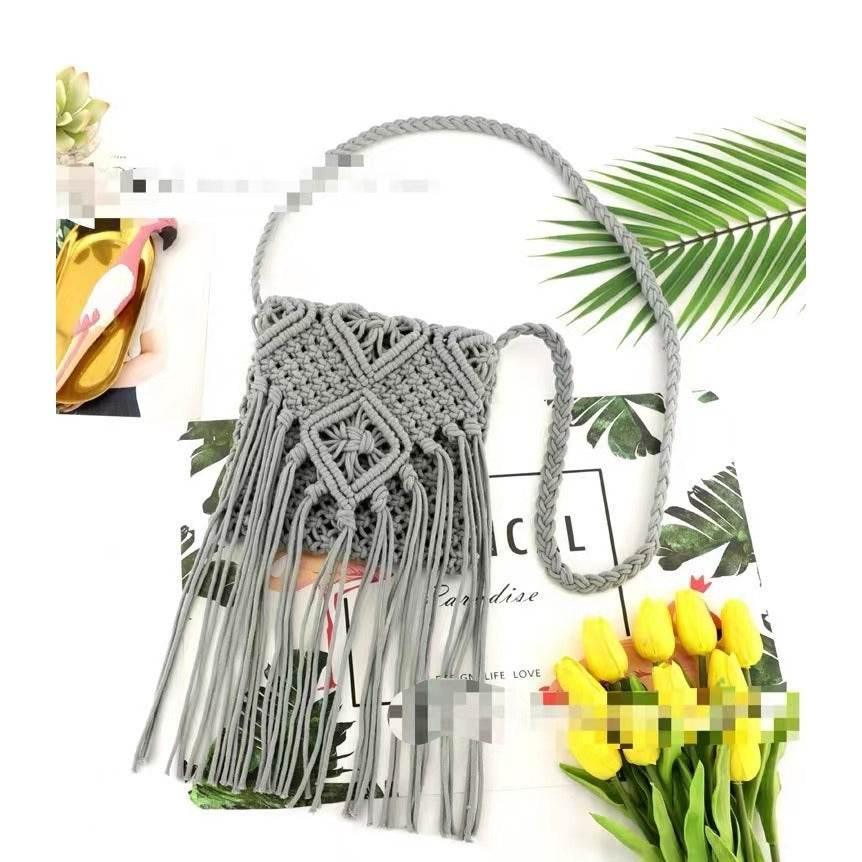 Boho Woven Shoulder Bag - Affordable Beach Tote with Long Strap, 17cm x 18cm & 50cm Strap gery