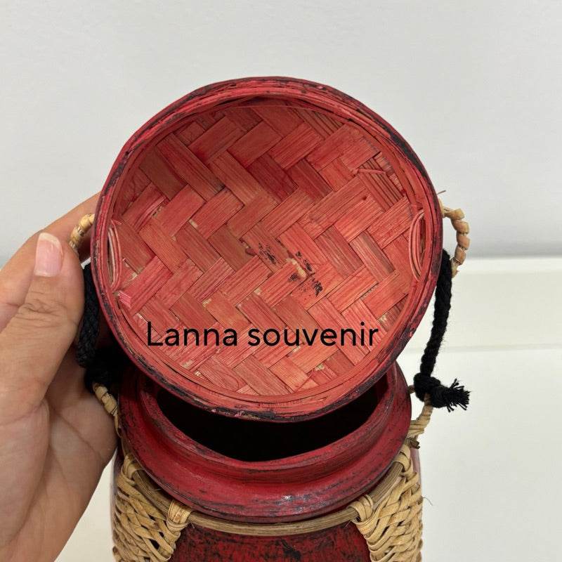 Handmade lanna bamboo rice box with red lid and natural woven body for food storage