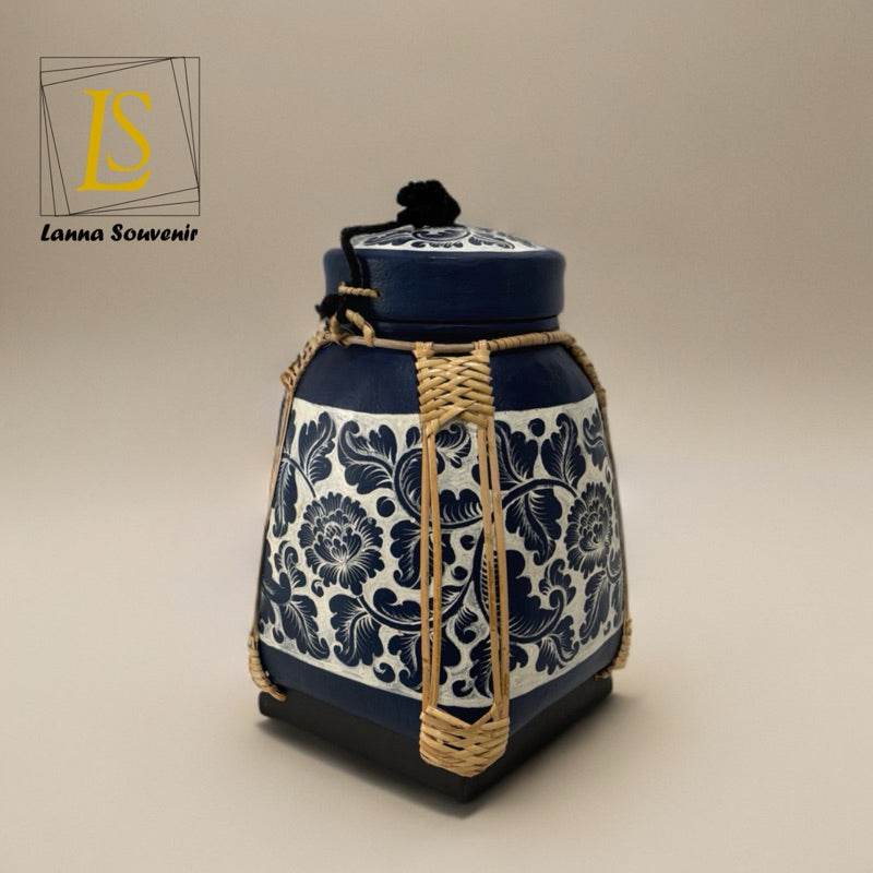 Lanna style bamboo storage box with blue floral ceramic design and woven bamboo details