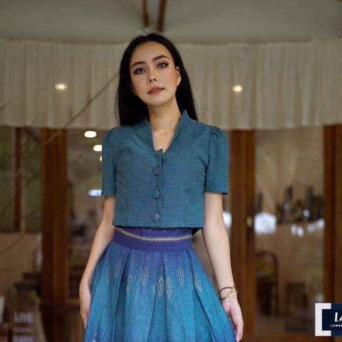 Classic Short Sleeve Collar Top – Women's Cotton Blouse in Multiple Colors | Sizes S–XL, Bust 34–40” เขียวฟ้า