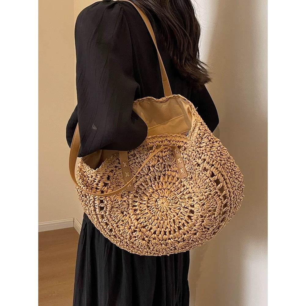 New Handwoven Round Tote Bag with Leather Strap – 44cm Cotton Rope Bag for Women | Unique Crochet Design & Natural Texture