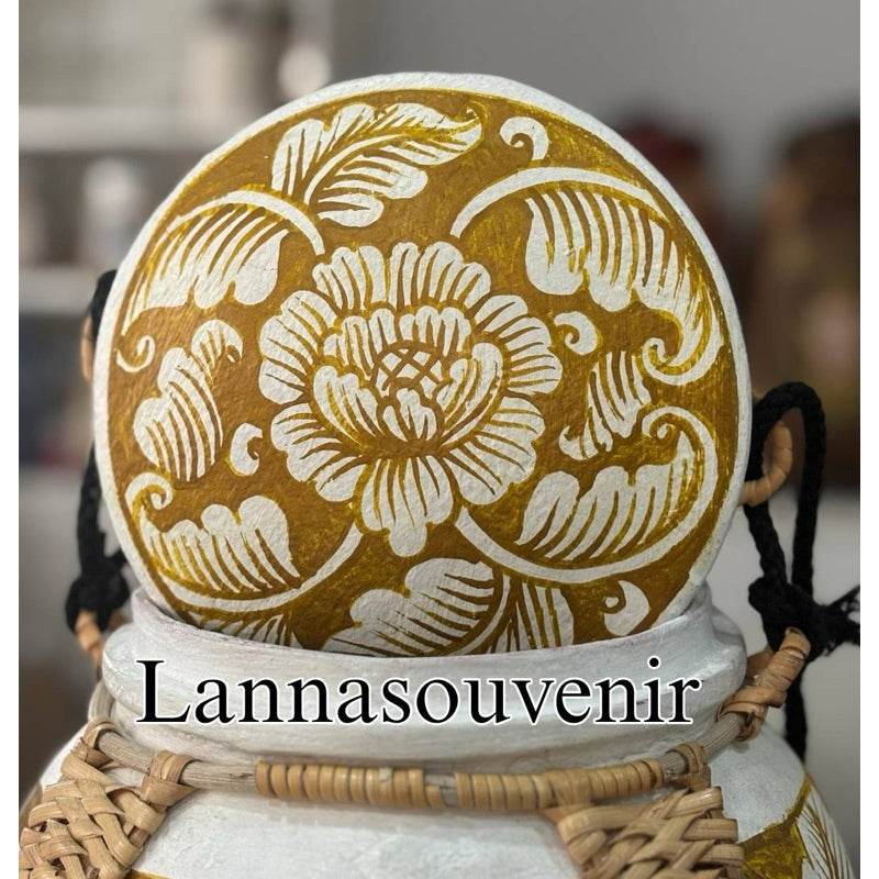 Lanna style bamboo storage box with traditional floral design in natural colors from One-Sake.com