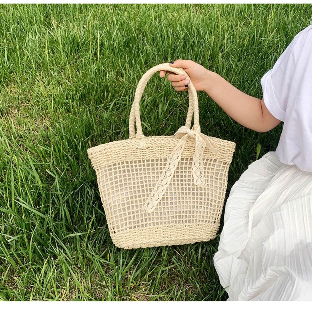 Japanese &amp; Korean Style Woven Tote Bag – Large Capacity Handmade Cotton Rope Bag in 2 Colors | Shoulder Tote 39cm Width One-Sake.com white off brown white off-brown-