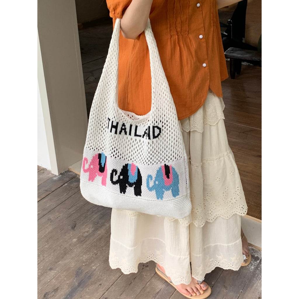 Handwoven Elephant Pattern Crossbody Bag – Large Cotton Rope Tote for Women | 58cm Natural Fiber Bag with 35cm Width One-Sake.com white khaki white-khaki-