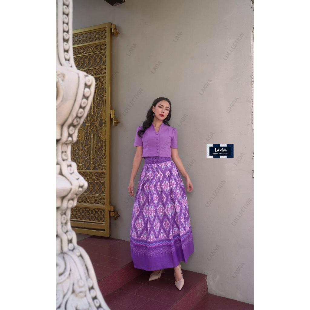 New Stairway to Heaven Cotton Set - 2-Piece Short Sleeve Collar Top with Pleated Skirt in Yellow, Blue & Purple