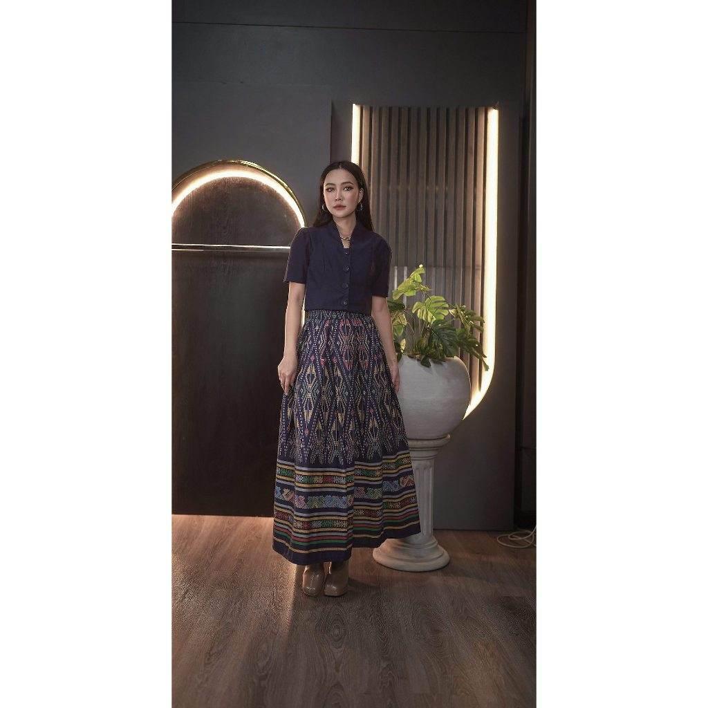 New Snake Pattern Cotton Set - Short Sleeve Collared Top & High-Waisted Pleated Skirt | Available in 4 Colors & Sizes S–XL กรม
