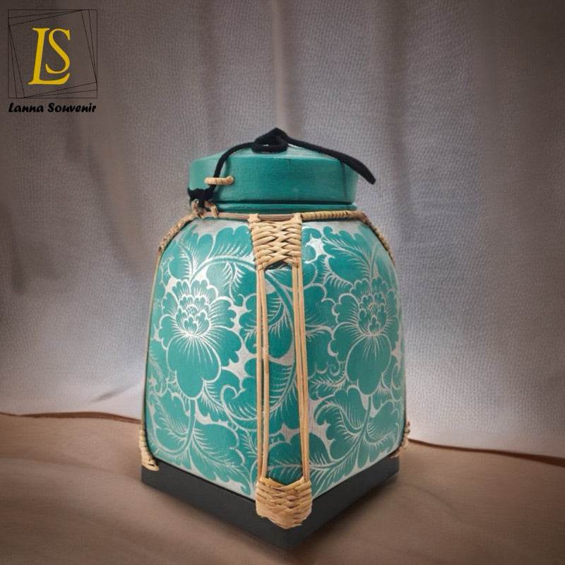 Handmade Thai decorative tray with teal floral design and woven rattan details by One-Sake.com