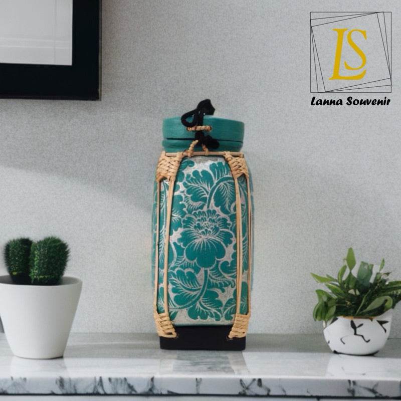 Handmade lanna bamboo rice box with teal floral fabric and natural woven accents by One-Sake.com