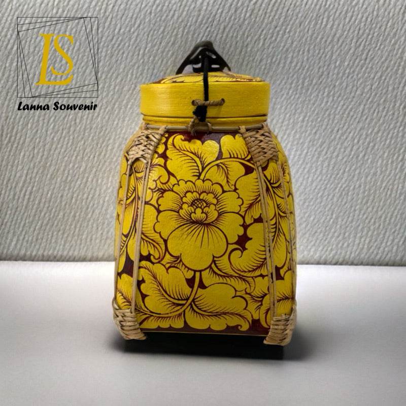 Handmade Thai decorative tray with yellow floral design and woven details from One-Sake com