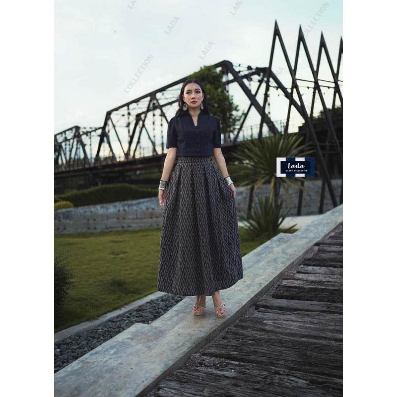 New Thai Pattern 2-Piece Cotton Set – 4 Colors | Collar Short Sleeve Top &amp; Pleated Skirt Outfit for Women - Thai Blessing Co