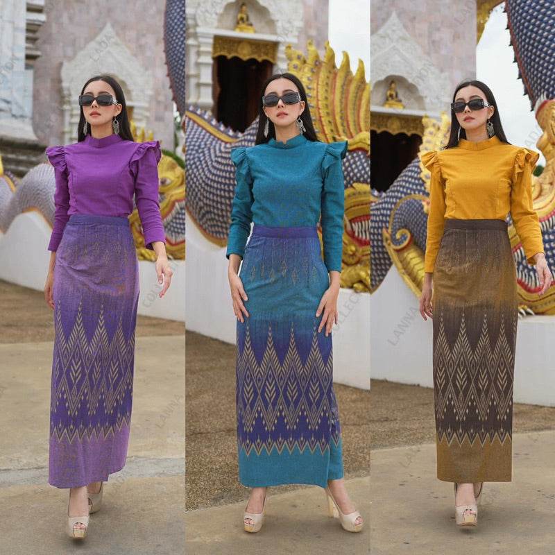 Royal Broomphiman Inspired Cotton Set with Shoulder Ruffles &amp; Pine Print Tube Skirt | Elegant Thai Style Outfit in Yellow, Green, and Purple One-Sake.com เหลือง / L เหลือง / S เหลือง / M เหลือง / S-เหลือง / M-เหลือง / L-เหลือง / XL-เขียว / S-เขียว / M-เขียว / L-เขียว / XL-ม่วง / S-ม่วง / M-ม่วง / L-ม่วง / XL-