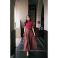 Jitlada Crop Top Pleated Skirt Set - Wine Red & Navy Blue | Trendy Cotton Outfit for Women Sizes S–XL แดงไวน์