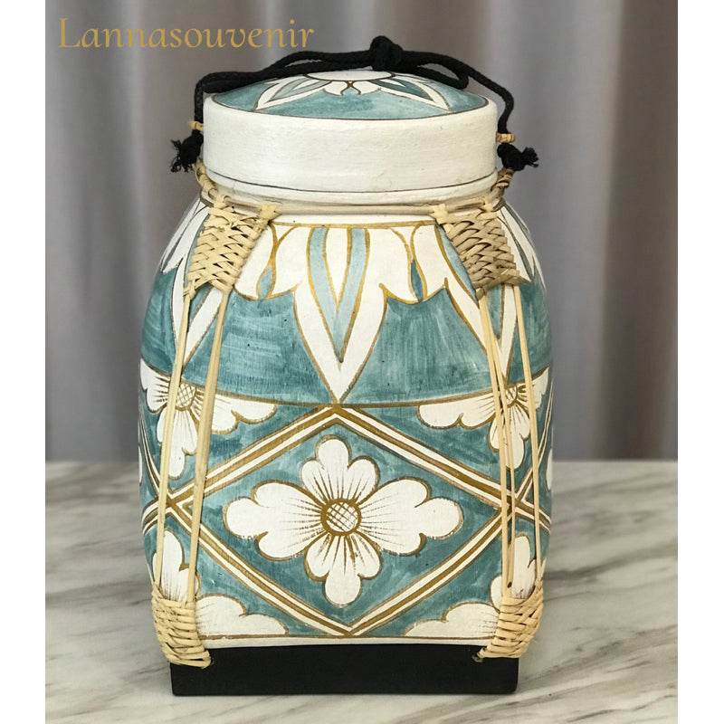 Handmade Thai decorative tray ceramic jar with floral blue and white design and woven rattan accents