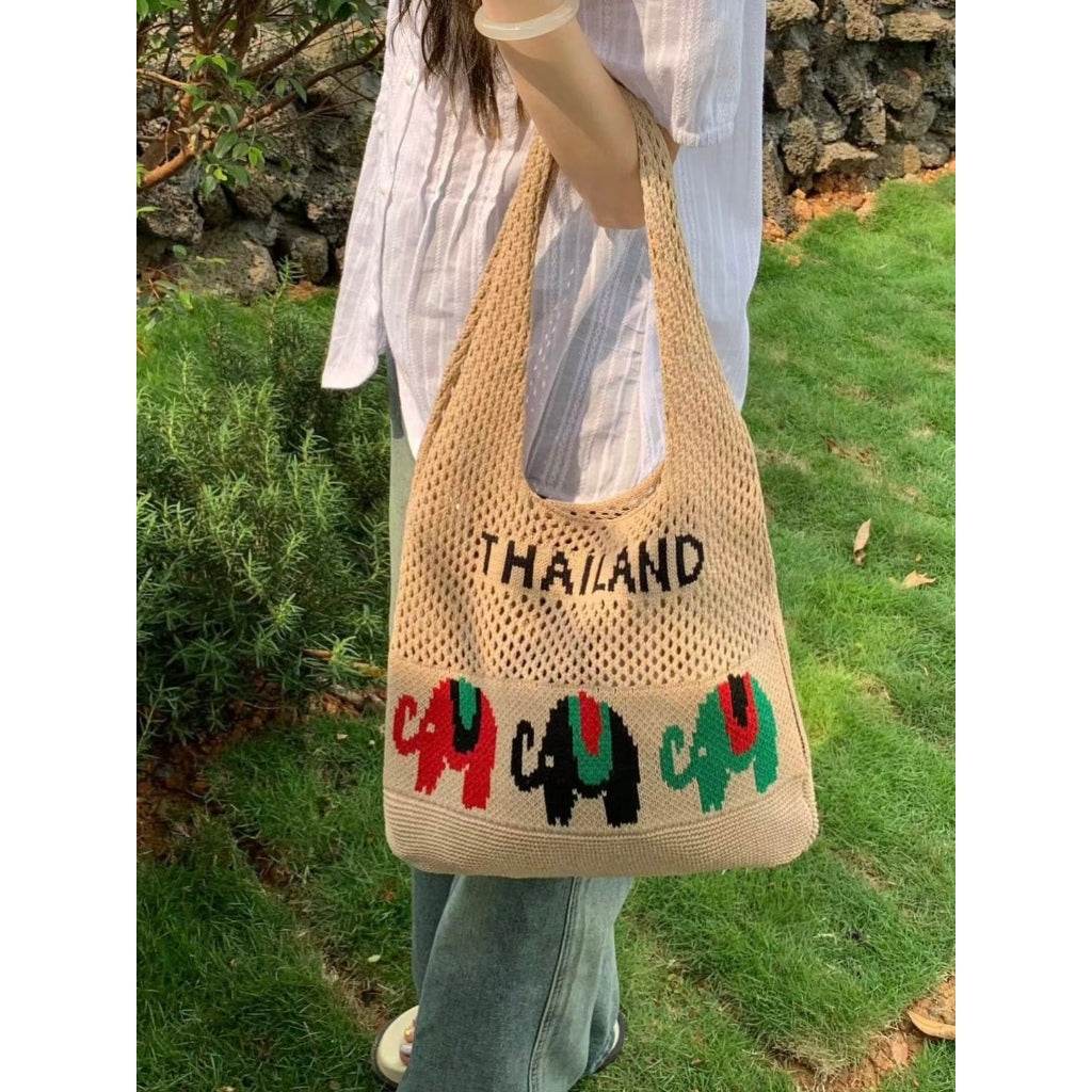 Handwoven Elephant Pattern Crossbody Bag – Large Cotton Rope Tote for Women | 58cm Natural Fiber Bag with 35cm Width One-Sake.com white khaki white-khaki-