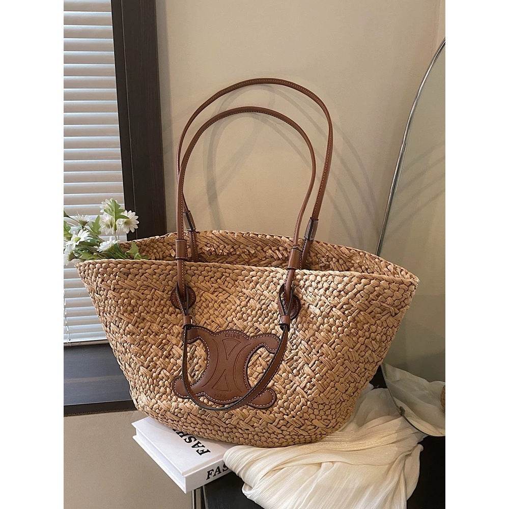 French Style Handwoven Straw Bag – Medium Size for Beach &amp; Daily Use | 40x50cm Woven Tote with 25cm Strap for Women One-Sake.com white off khaki white off-khaki-