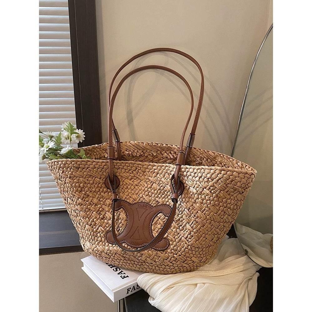 French Handwoven Straw Bag – Medium Size Tote for Beach & Daily Use | 40x50cm Woven Handbag with 25cm Strap for Women khaki