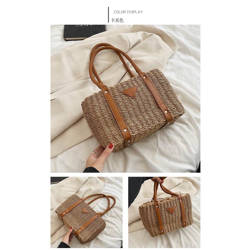 New French Style Handwoven Shoulder Bag – Zip Closure Cotton Rope Bag | 22x28cm Size with 56cm Strap for Women One-Sake.com khaki white off khaki-white off-