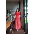 Kalasin Praewa Print Cotton Set – Classic Collar Top & High-Waisted Pleated Skirt in Red, Wine, Mustard, Blue & Purple แดงสด