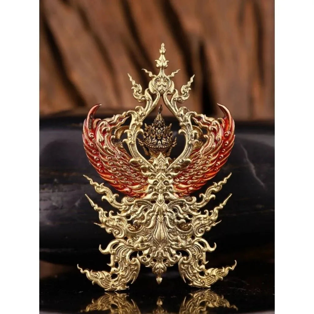 Phaya Garuda Amulet - Sacred Gold Bronze with Red Enamel for Strength and Protection