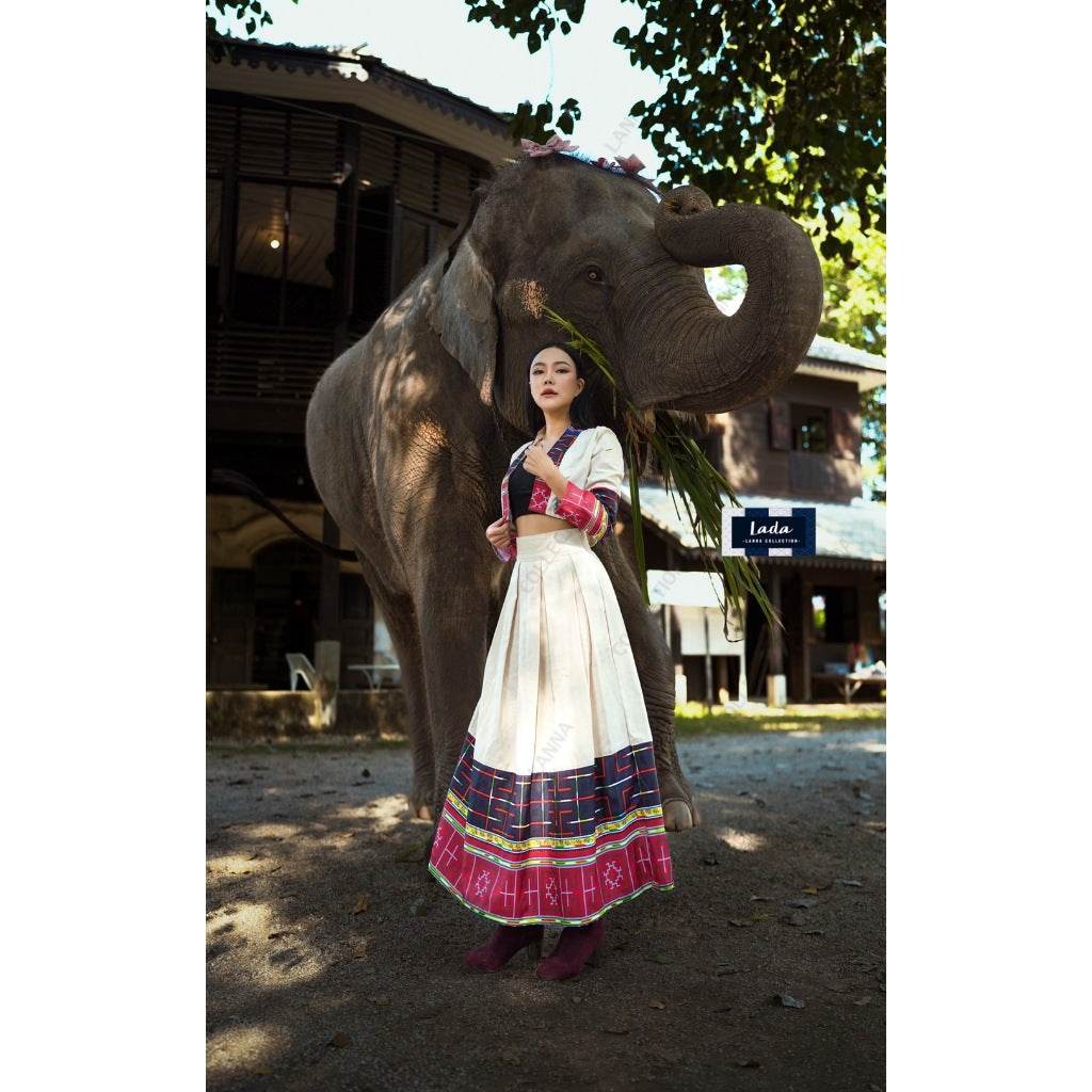 Vietnamese Hmong Print Polyester Wrap Top &amp; Cotton Skirt Set – Cream &amp; Black | S–XL Sizes for Women One-Sake.com ครีม / L ครีม / S ครีม / M ครีม / S-ครีม / M-ครีม / L-ครีม / XL-ดำ / S-ดำ / M-ดำ / L-ดำ / XL-