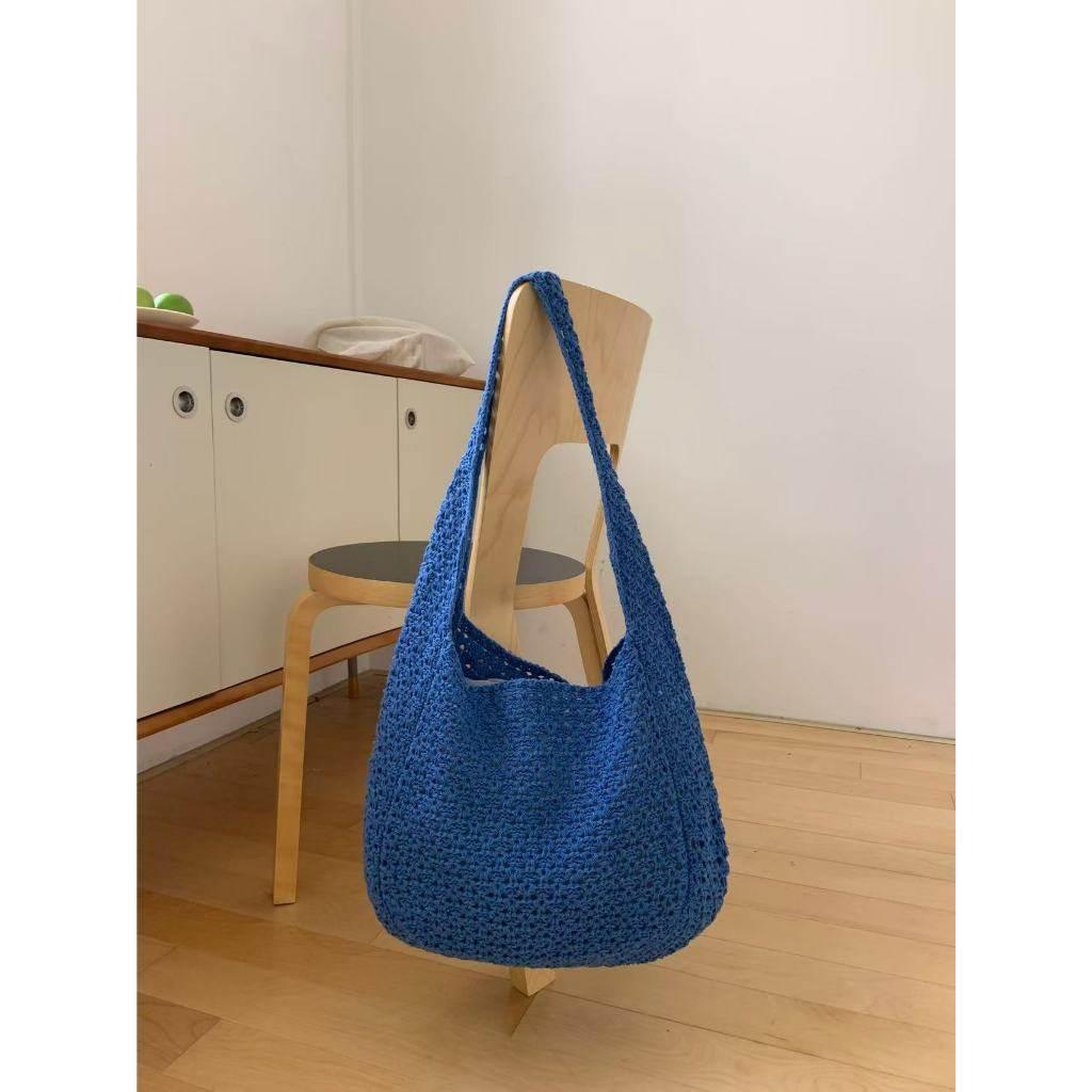 New Korean Handwoven Crossbody Bag - Adjustable Cotton Rope Shoulder Bag for Women, 23x29cm blue