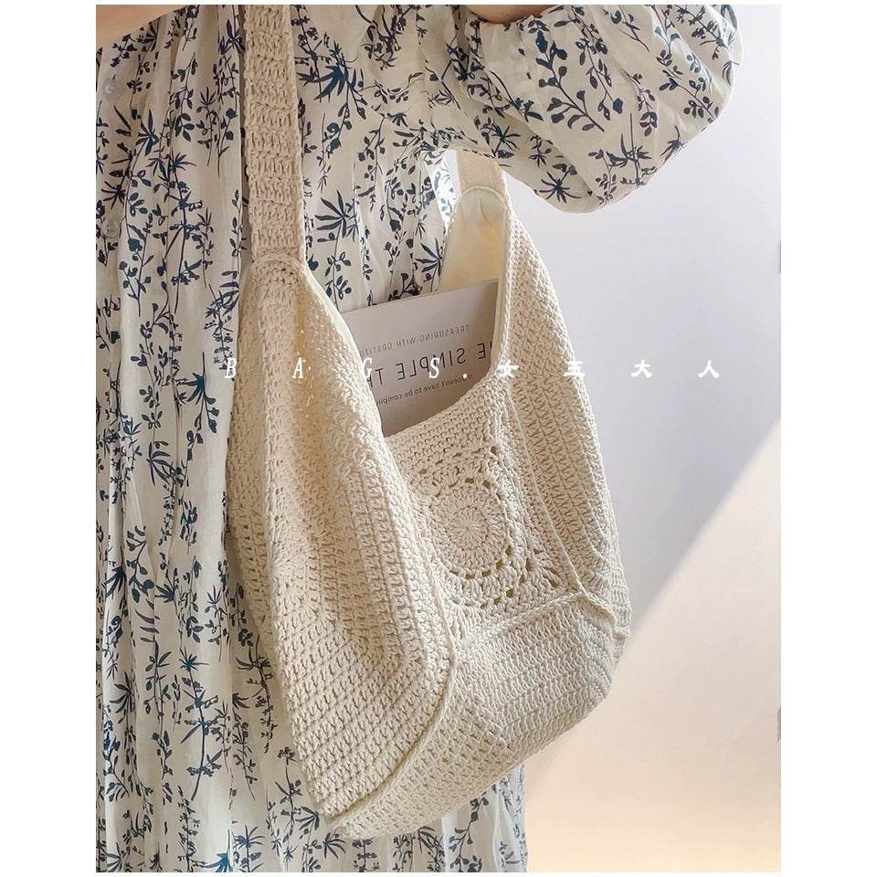 Handwoven Cotton Tote Bag for Women – Eco-Friendly Natural Fiber Shoulder Bag | 27cm x 38cm with Adjustable Strap One-Sake.com khaki white off khaki-white off-