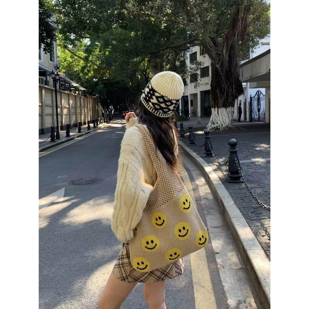 Smiley Face Crochet Bag – Colorful Handmade Cotton Rope Tote with 30cm Strap | Large Capacity 40cm Shoulder Bag