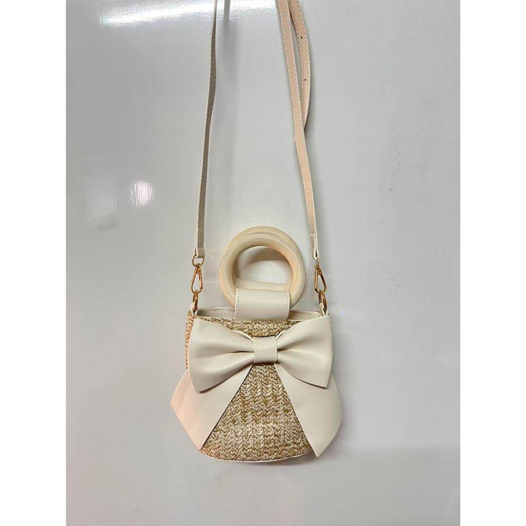 Wooden Handle Bow Shape Handwoven Bag – Perfect for Check-Ins &amp; Photos | Cotton Rope Crossbody Bag with Adjustable Strap One-Sake.com green khaki white khaki-white-green-pink-