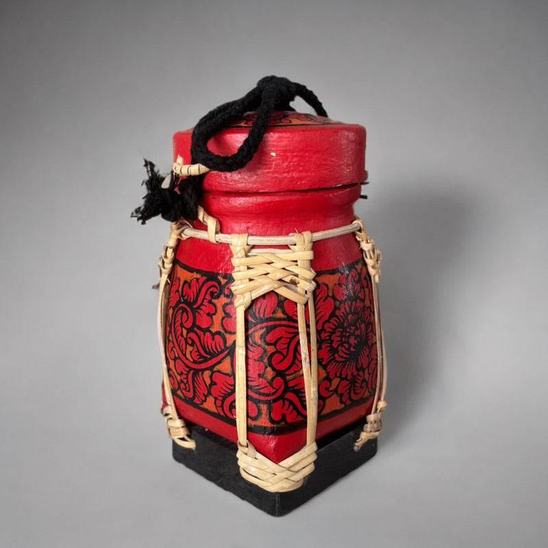 Handmade Thai Rice Basket Vase - Mini Lanna Bamboo Decorative Jar A38