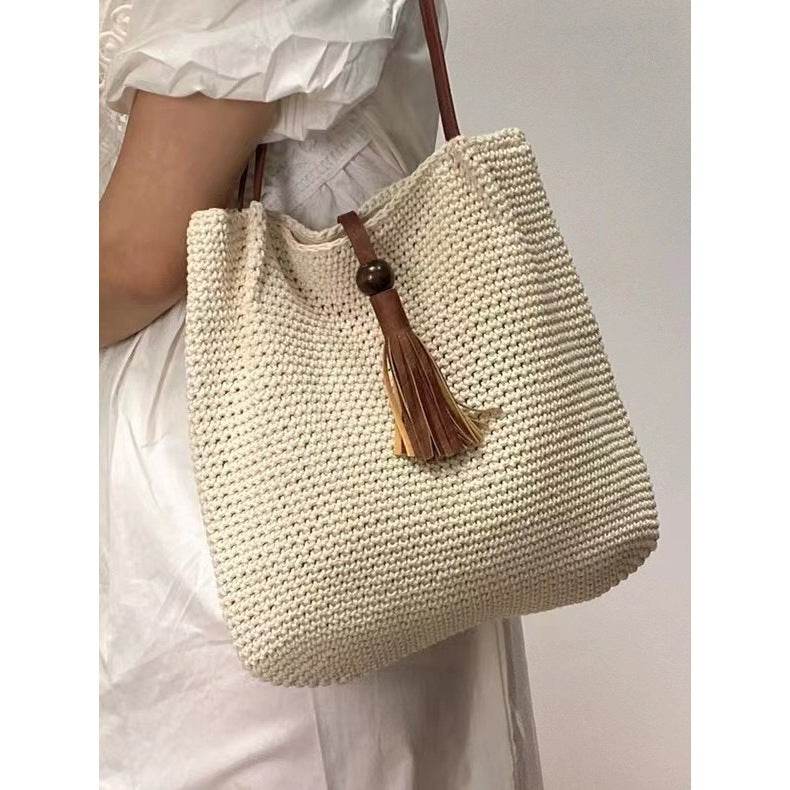 Korean Style Cotton Woven Shoulder Bag for Women – Handmade with Lining &amp; Magnetic Closure | Approx. 30cm x 25cm One-Sake.com khaki white off khaki-white off-