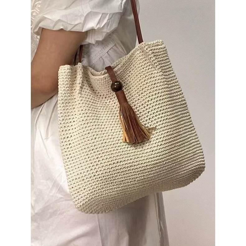 Korean Style Cotton Woven Shoulder Bag for Women - Handmade with Lining & Magnetic Closure, 30cm x 25cm