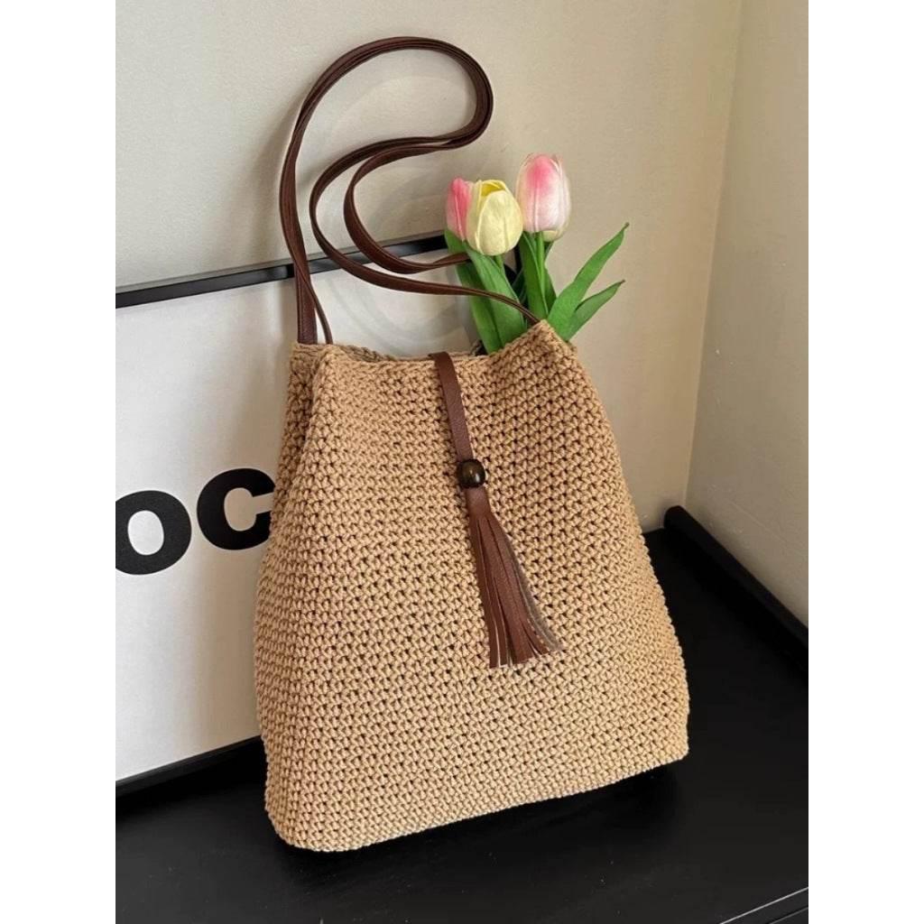 Korean Style Cotton Woven Shoulder Bag for Women - Handmade with Lining & Magnetic Closure, 30cm x 25cm