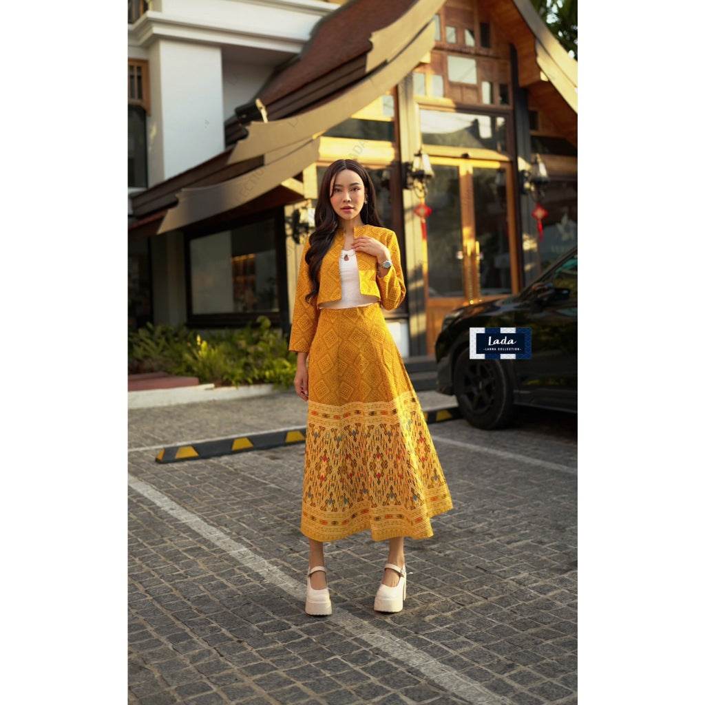 New Arrival: Cotton Wrap Blouse &amp; Skirt Set with Khit Print &amp; Short Hem | Traditional Lanna Style in 2 Colors One-Sake.com ชมพู / L ชมพู / S ชมพู / M ชมพู / S-ชมพู / M-ชมพู / L-ชมพู / XL-เหลือง / S-เหลือง / M-เหลือง / L-เหลือง / XL-