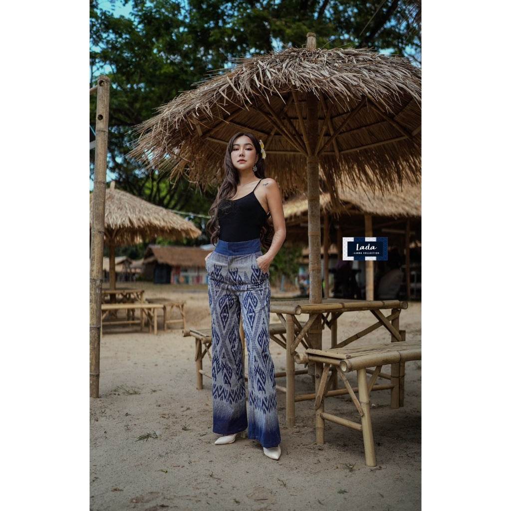 High-Waisted Thai Print Cotton Pants – Slim Fit Trousers with Side Pockets | 39” Length in S–XL Sizes One-Sake.com L S M S-M-L-XL-