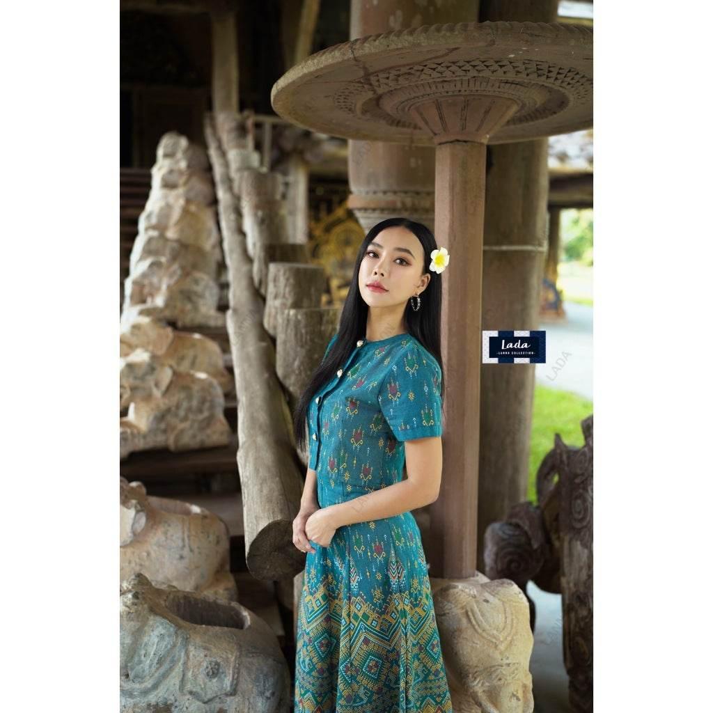 New Crop Top and Skirt Set with Pearl Buttons - 8-Piece Praewa Print Green Cotton Outfit for Women in S–XL Sizes