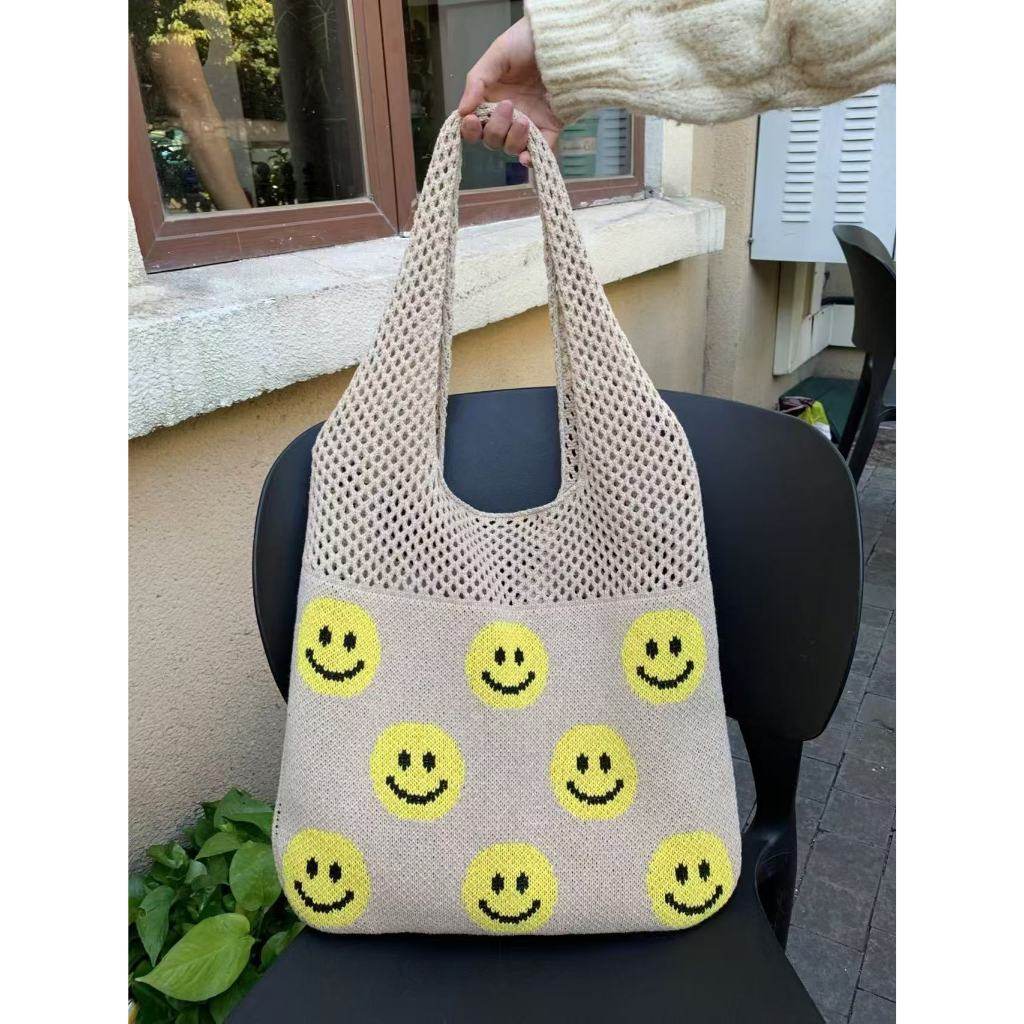 Smiley Face Crochet Bag – Colorful Handmade Shoulder Tote with 30cm Strap | Large Capacity Cotton Rope Bag 40cm Width One-Sake.com white khaki white off khaki-white off-white-