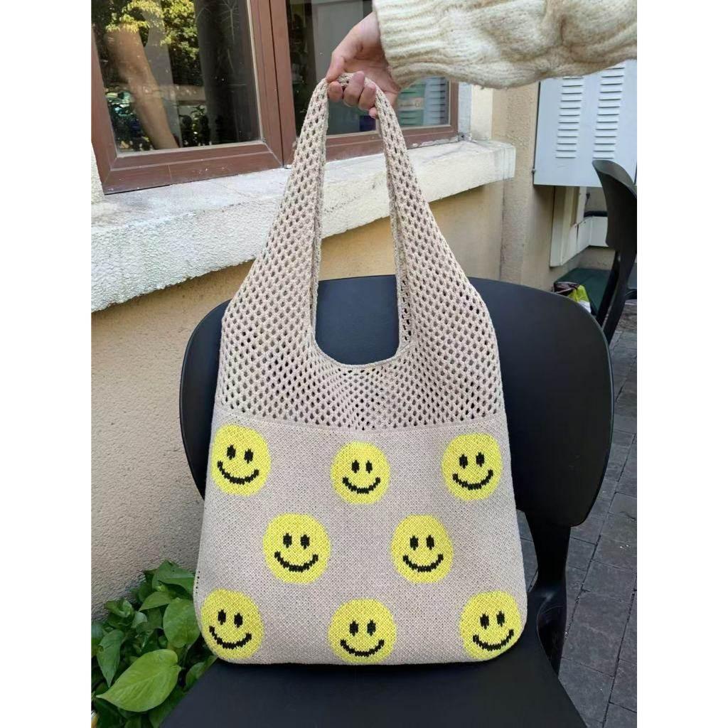 Smiley Face Crochet Bag – Colorful Handmade Cotton Rope Tote with 30cm Strap | Large Capacity 40cm Shoulder Bag white off