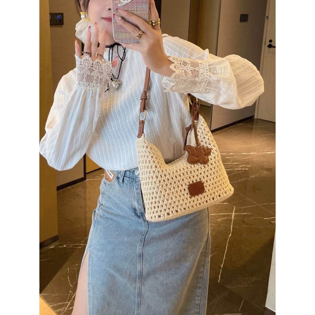 New Korean Crochet Cotton Rope Bag for Women – Handmade with Tassel Charm | Compact Crossbody Bag in 18x26cm Size One-Sake.com white off khaki white off-khaki-