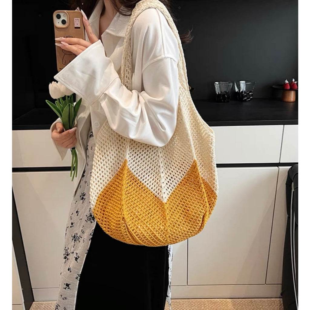 New Korean Style Handwoven Tote Bag – Large Cotton Shoulder Bag with 25cm Strap | Handmade Crafted Design for Women One-Sake.com yellow white off khaki white off-khaki-yellow-